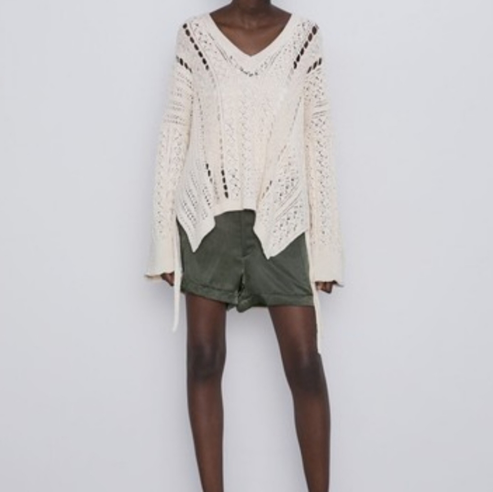 Zara Cream Oversized Boho Open Knit Deep V-neck Beachy Crochet Sweater